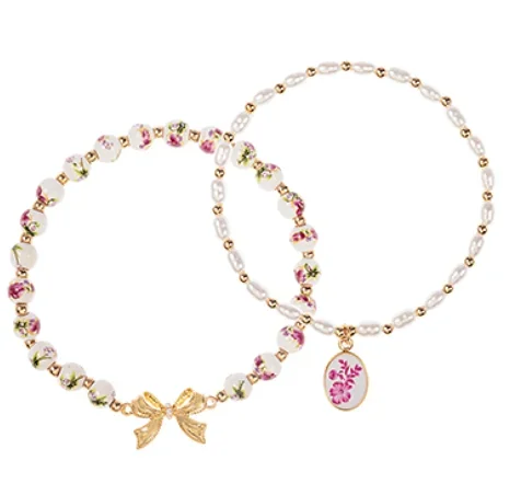 2 Row Bow & Ceramic Charm Bracelet
