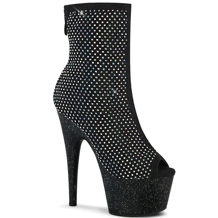7″ Black Rhinestone Mesh Overlay Sparkle Platform Peep Toe Ankle Boot