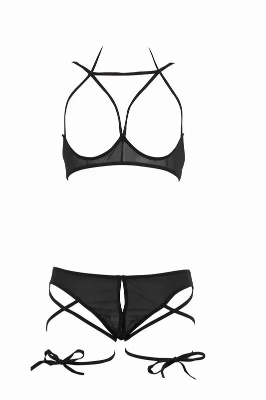 Allure Collection Monique Open Bra & G-String Set with Criss Cross Thigh Straps Black