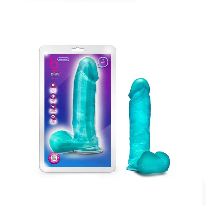 B Yours Plus By Blush® | Mount N’ Moan Teal 9.5-Inch Long Dildo With Balls & Suction Cup Base