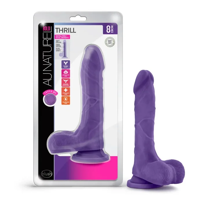 Blush Au Naturel Bold Thrill 8.5 indium. Posable Dual Density Dildo with Balls & Suction Cup Purple