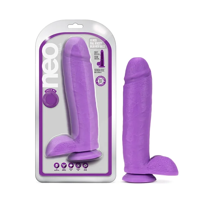 Blush Neo 10 Indiana. Dual Density Dildo with Balls & Suction Cup Neon Purple
