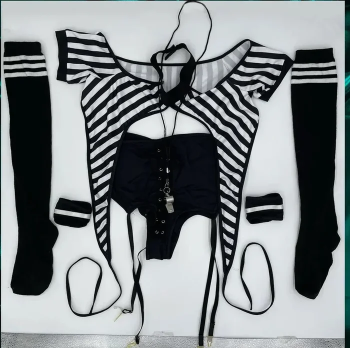 BodyZone Role Take On Risque Referee 6 pc Top with Thong & Garter Bottom Costume Set Black/Andrew D. White