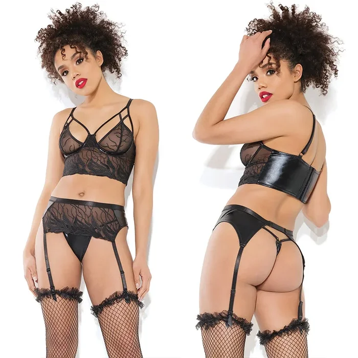 Coquette Longline Bra Garter Belt & G-String Set-Black Small