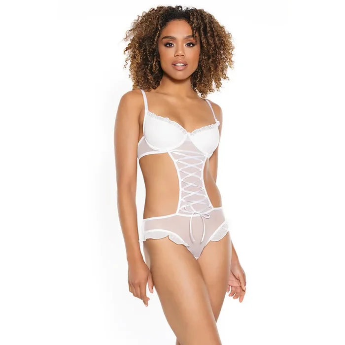 Coquette Mesh Crotchless Capable-Back Teddy with Corset Detail White M