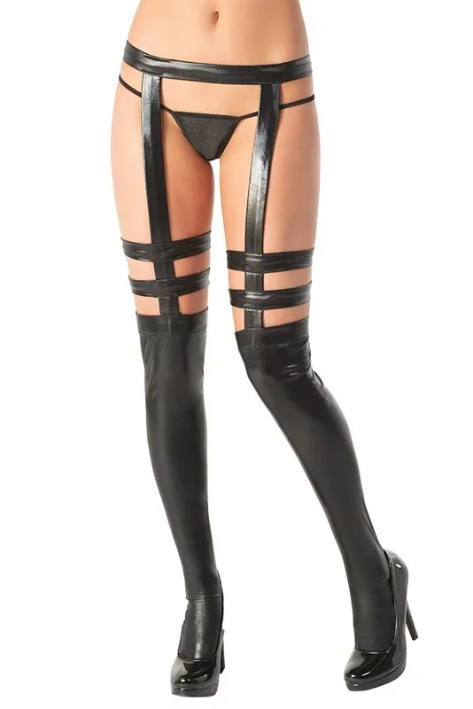 Coquette Women’S Wet Look Strappy Stockings With Attached Garter Belt, Black, One Size-Plus