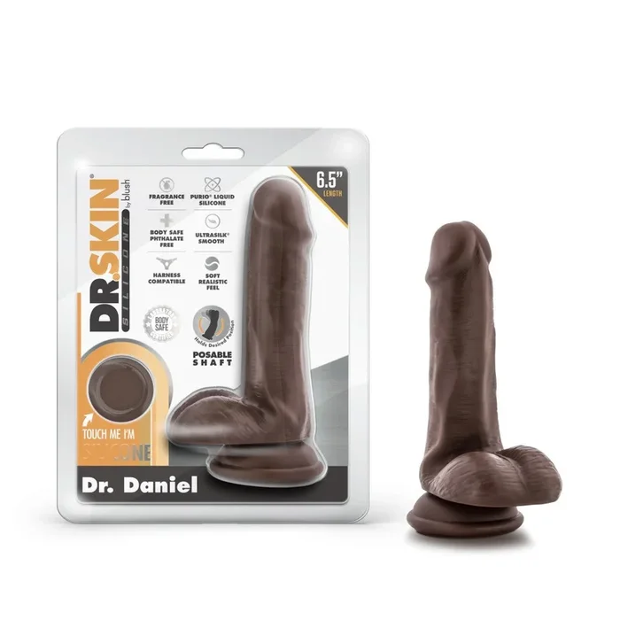 Dr. Skin Silicone By Blush® | Dr. Daniel Realistic Chocolate 6.5-Inch Long Dildo With Balls & Suction Cup Base