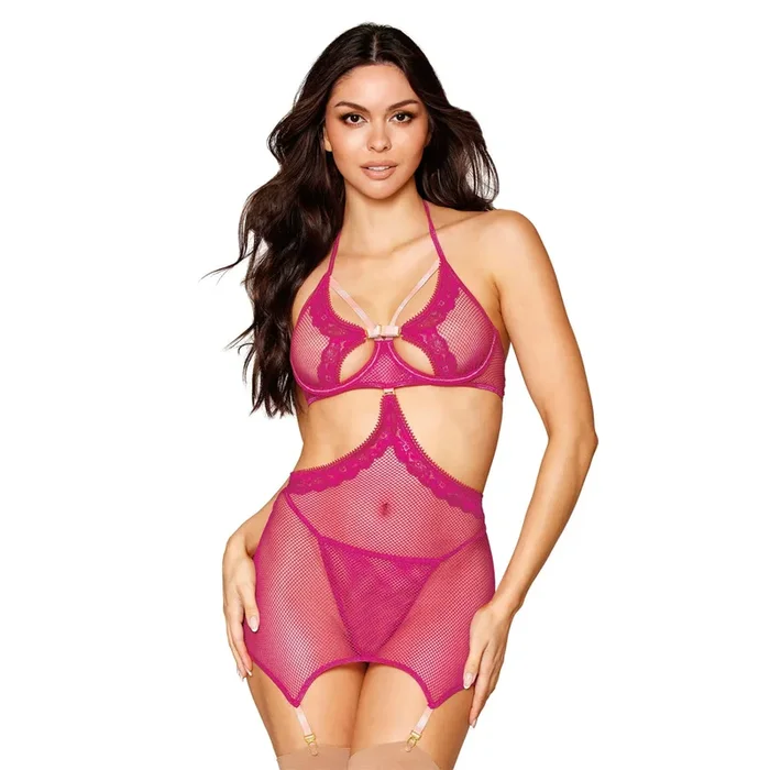 Dreamgirl Fishnet Scalloped Lace Garter Slip G-string Set 13275 – Beet