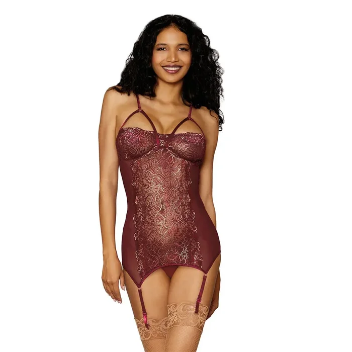 Dreamgirl Lingerie Gold Foiled Stretch Lace and Mesh Garter Slip Burgundy – 12668