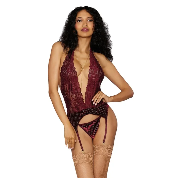 Dreamgirl Lingerie Lace and Stretch Velvet Garter Slip and G-string Set Burgundy 12711