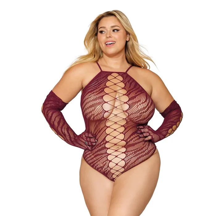 Dreamgirl Lingerie Seamless zebra fishnet teddy and glove go down – 12809X