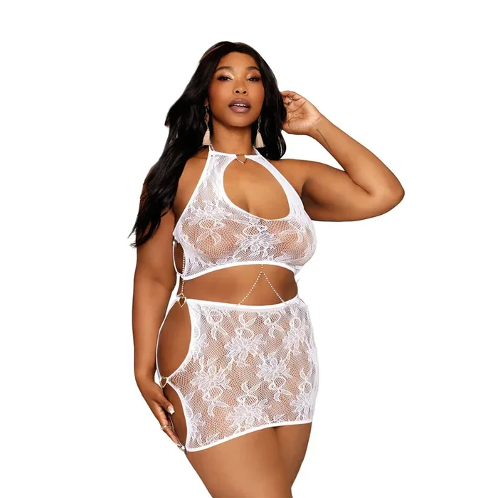 Dreamgirl Plus Size Lace Bralette Mini-Skirt Set 13309X – White