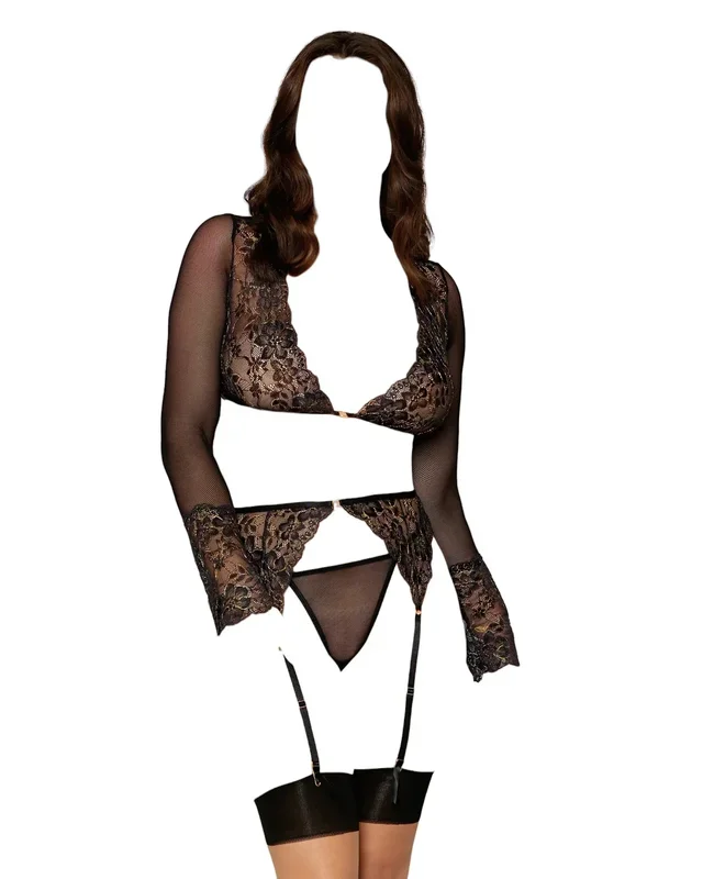 Dreamgirl Stretch Lace and Stretch Fishnet 3 PC Bralette with G-String & Garter Set Black