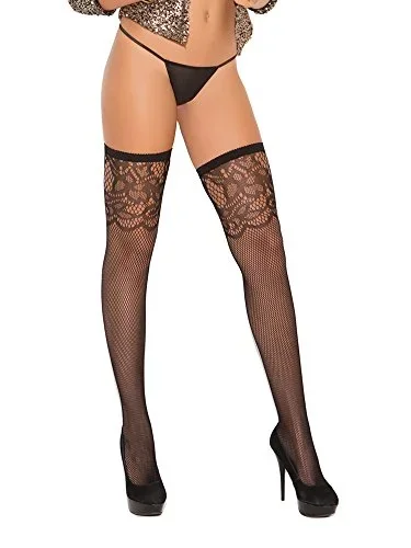 Elegant Moments Womens Fishnet Thigh Hi With Scroll Design, Black, One Size