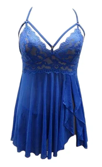 Escante Glossy Lace and Mesh Side Split Babydoll with Panty Cobalt Blue