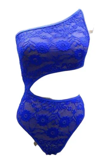 Escante Stretch Lace Off the Shoulder Teddy with Peek-A-Boo Endorse Royal Blue