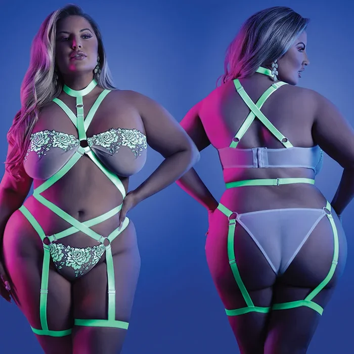 Fantasy Lingerie Glow Night Vision Strappy Teddy-Neon Green QUEEN-Boxed