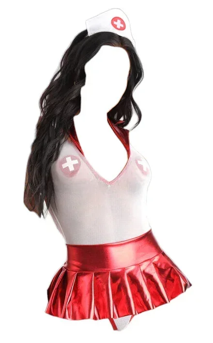 Fantasy Lingerie Nurse Manoeuvre Pulse Check Teddy with Open Gage Pleated Skirt Costume Red/White