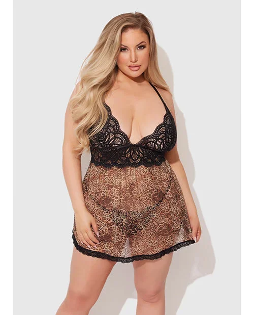 Felicia Mesh and Lace Babydoll w/G-String 2 pc Set – Leopard 3X/4X