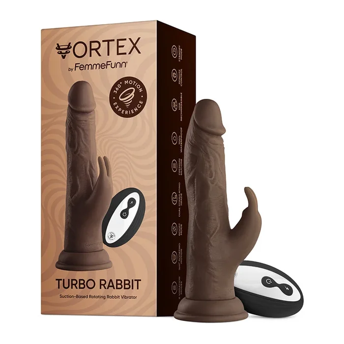 FemmeFunn Vortex Turbo Rabbit 2.0 Rechargeable Remote-Check Realistic 8 in. Silicone Dual Stimulation Vibrating Dildo with Suction Cup Brown