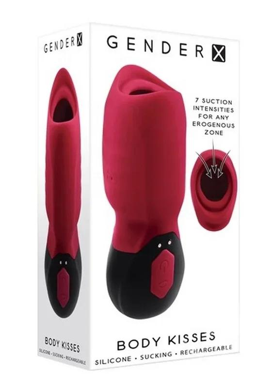 Gender X Body Kisses Rechargeable Silicone Vibrating Suction Massager – Red/Black