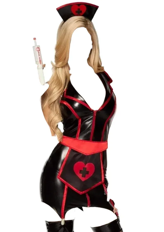 Leg Avenue 4 PC Naughty Nurse Zip Up Wet Facial Expression Garter Dress with Heart Apron Black/Red