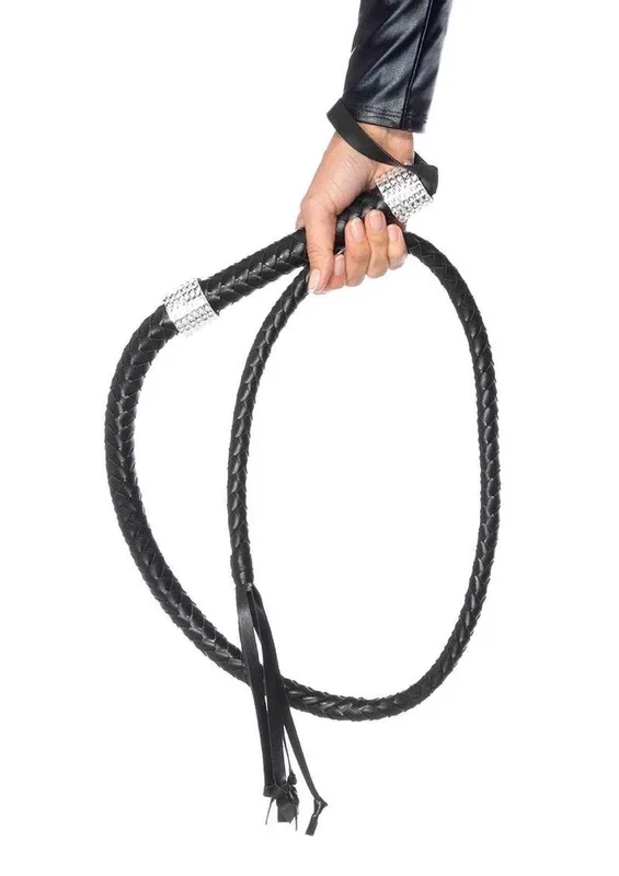 Leg Avenue Braided Whip with Rhinestone Look Handle Accent Faux Leather