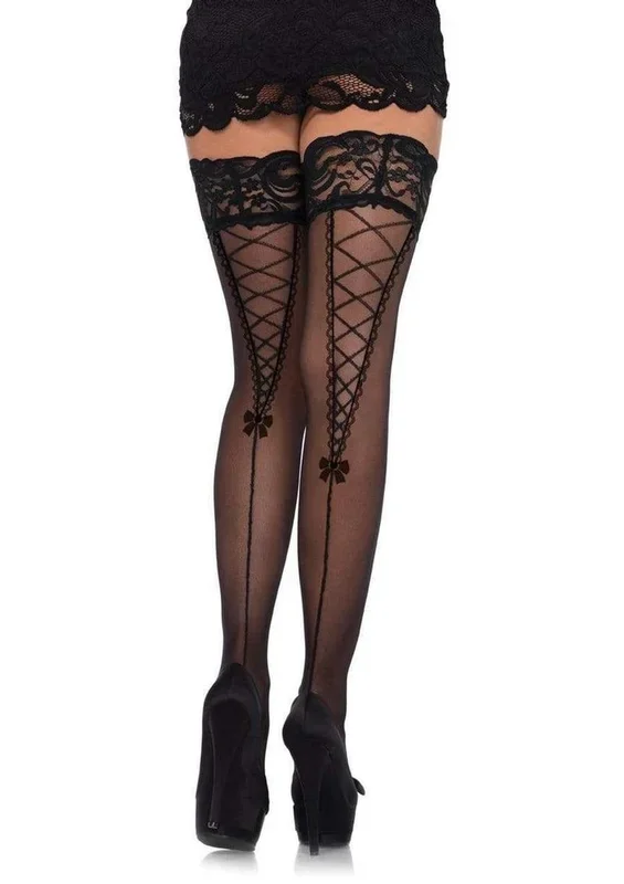 Leg Avenue Continue Up Lace Top Sheer Thigh Highs with Faux Lace Up Backseam