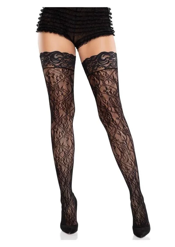 Leg Avenue Hitch-Up Lace Top Cross Hatch Floral Lace Thigh Highs