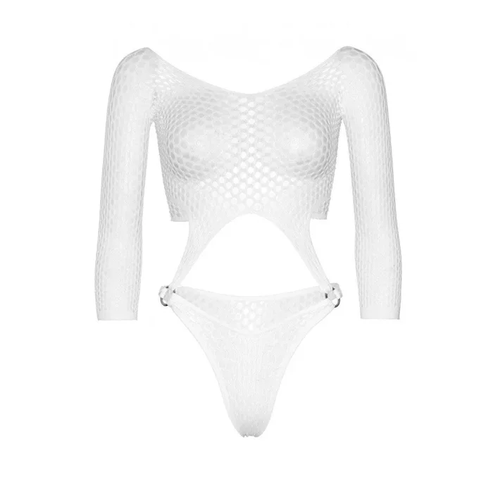 Leg Avenue Long Sleeve Pothole Suspender Top Bodysuit with Thong Back and O-Ring Detail – O/S – White