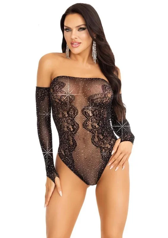 Leg Avenue Rhinestone Net and Lace Off The Shoulder Teddy