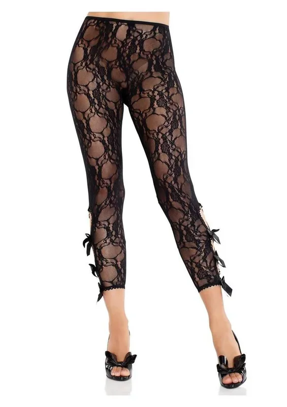 Leg Avenue Scalloped Trimmed Floral Lace Footless Capri Tights with Keyhole Bow Detail