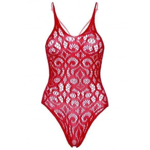 Leg Avenue Seamless Scroll Lace with Nearly Naked Strappy Back – O/S – Red