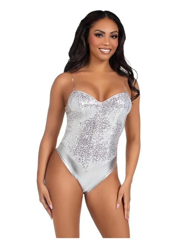 Leg Avenue Sequin Boned Snap Crotch Bodysuit with Detachable Clear Strap