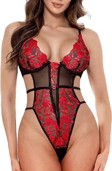 LOVE YOU APHRODISIAC Women Lace Teddy Lingerie Floral Embroidery Lace Underwired Bra Bodysuit Lingerie