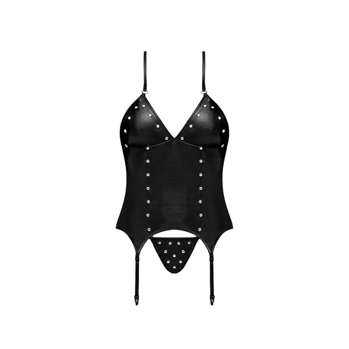 Magic Silk Lust Fetish Madame Leather Look Halter Bustier & G-String Black