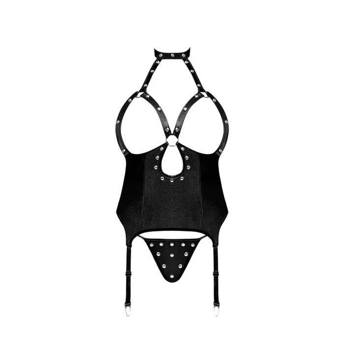 Magic Silk Lust Fetish Mistress Leather Look Open Cup Harness & G-String Black