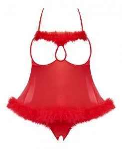 Magic Silk Marabou Cupless & Crotchless Babydoll Set Red