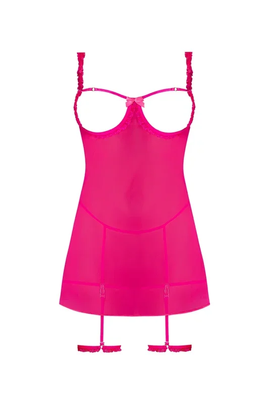 Magic Silk Pink Kink Cupless Babydoll, Harness Panty & Garter Cuffs Pink Glow