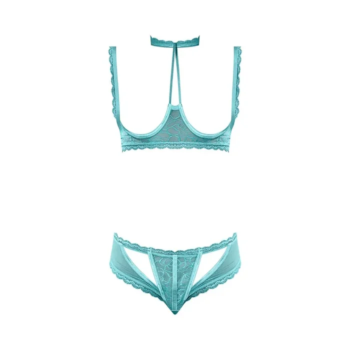 Magic Silk Soft Petals Floral Mesh Cupless Bra with Split Crotch & Peek-A-Boo Cutout Panty Aqua