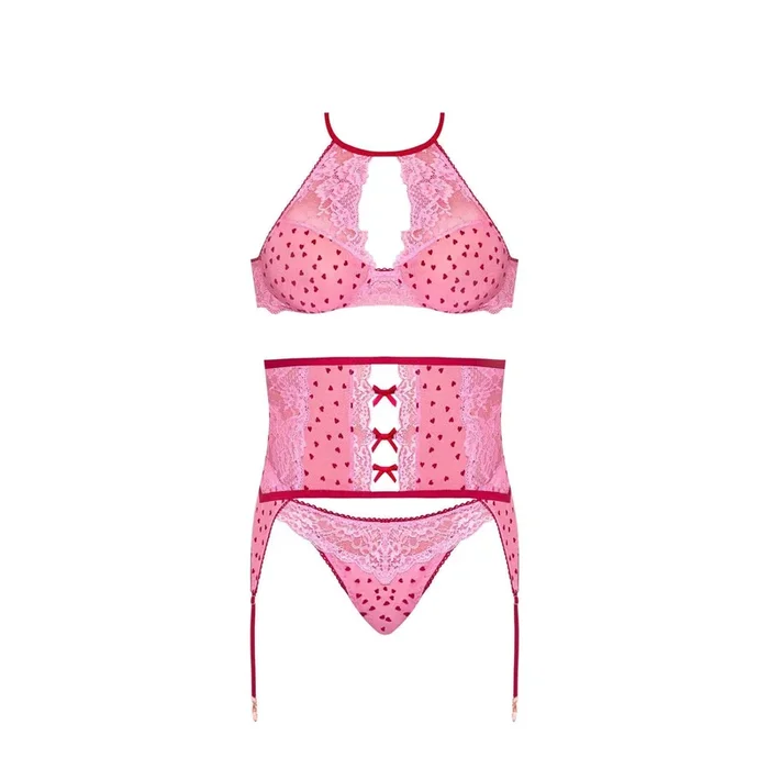 Magic Silk Tickled Pink High Up-Neck Bra, Gartered Waist Cincher & Thong Set Pink