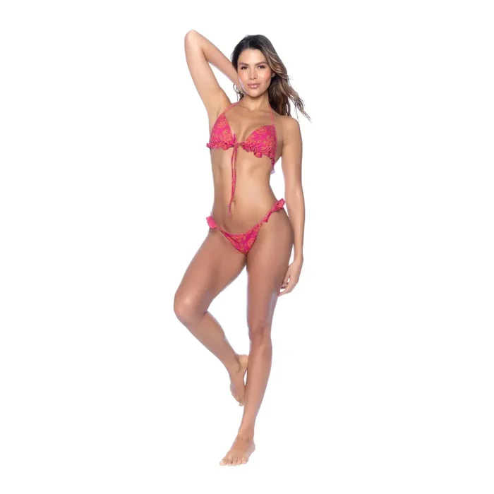 Mapale Resort 2025 Pink Eyelet Ruffle Front-Tie Bikini – Flirty Two-Piece Thong Swimsuit with Vintage-Instigate Print