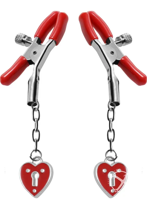 Master Series – Crimson Tied Charmed Heart Padlock Nipple Clamps