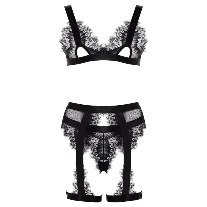 Oh La La Cheri Janet Eyelash Lace Bra Leg Garterbelt & G-String Black