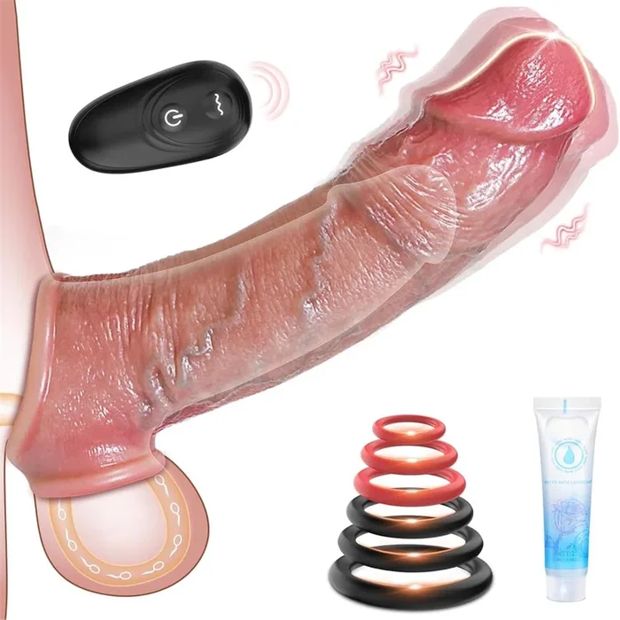 Penis Extender (Women ONLY Want Huge Cocks) Vacillate Cock Sleeve with 10 Vibrations & Remote Control (<30 dB)