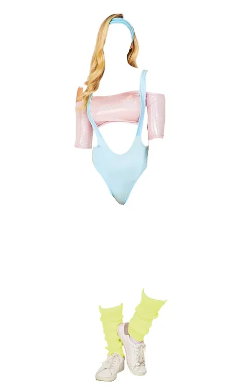 Roma Costume 4 PC 80’s Sporty Yuppie Off The Shoulder Top Pink/Blue