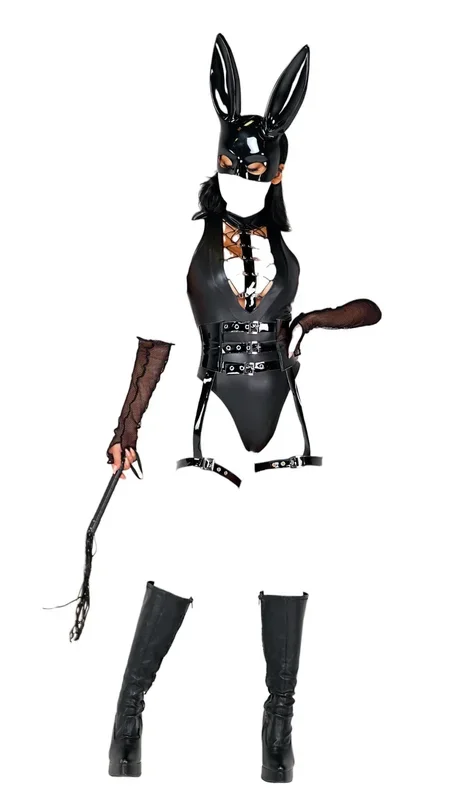 Roma Costume 5 PC Dominatrix Bunny Wetlook Bodysuit Black