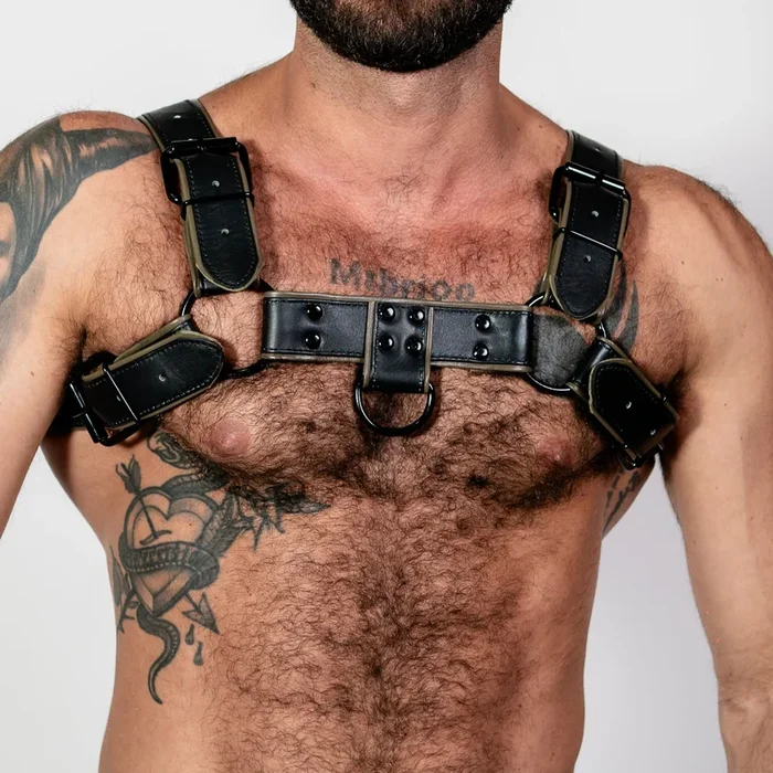 ruff GEAR Double Tone Leather Bulldog Harness Army Black