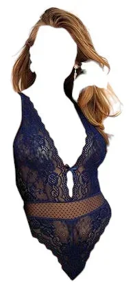 Shirley of Hollywood Holiday Stylish Stretch Lace & Point D’esprit Mesh Teddy Navy