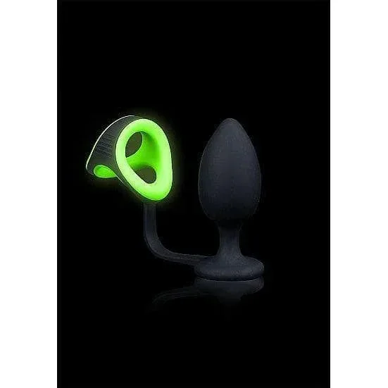 Shots Ouch! Freshness in the Dark Silicone Anal Plug Penis Ring & Ball Strap Neon Green